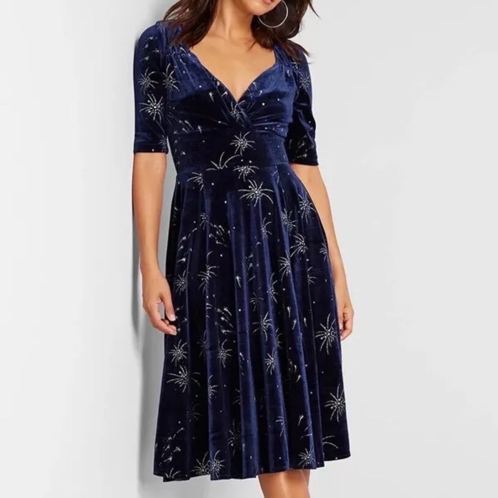 Modcloth × Collectif Trixie Blue Velvet Glitter Stars Dress